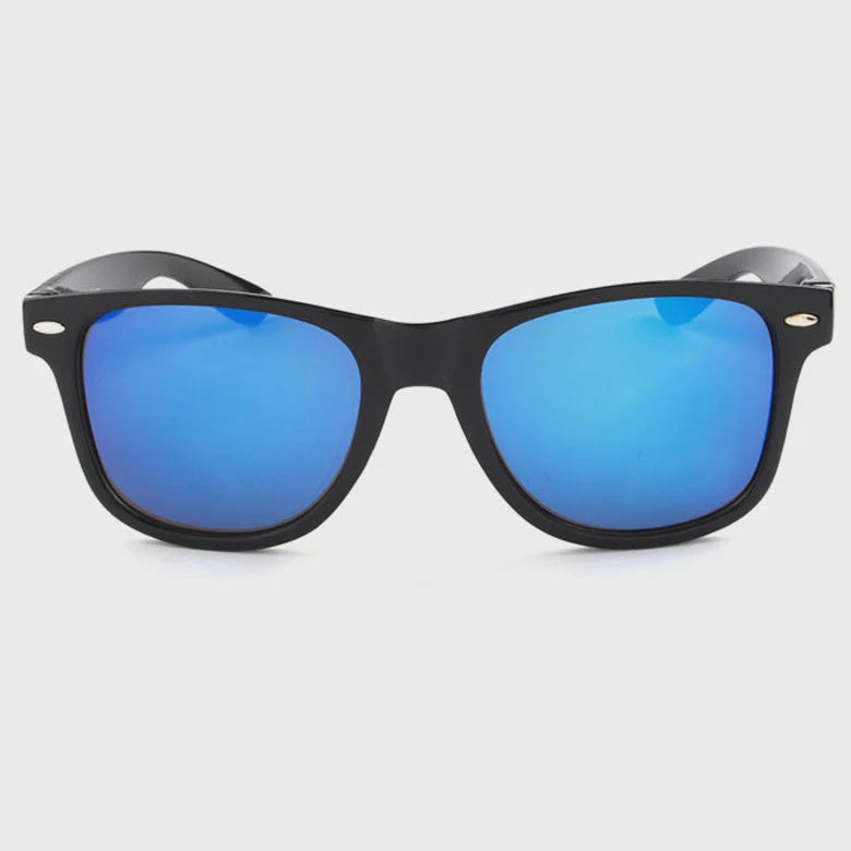 Black sunglasses with blue reflective lenses on a white background