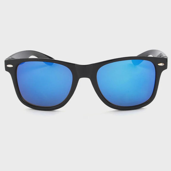 Black sunglasses with blue reflective lenses on a white background