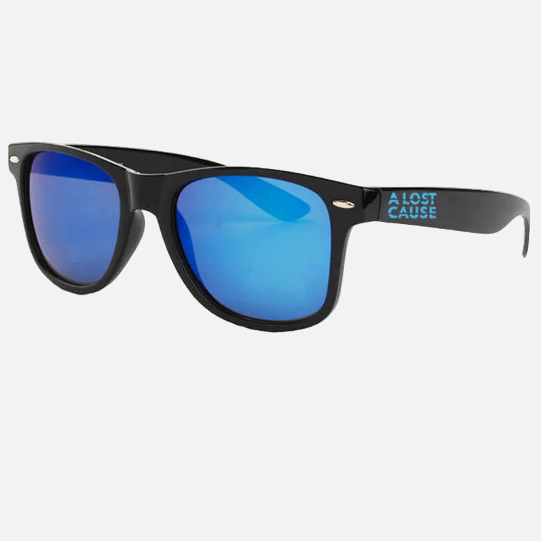 Black sunglasses with blue lenses on a white background