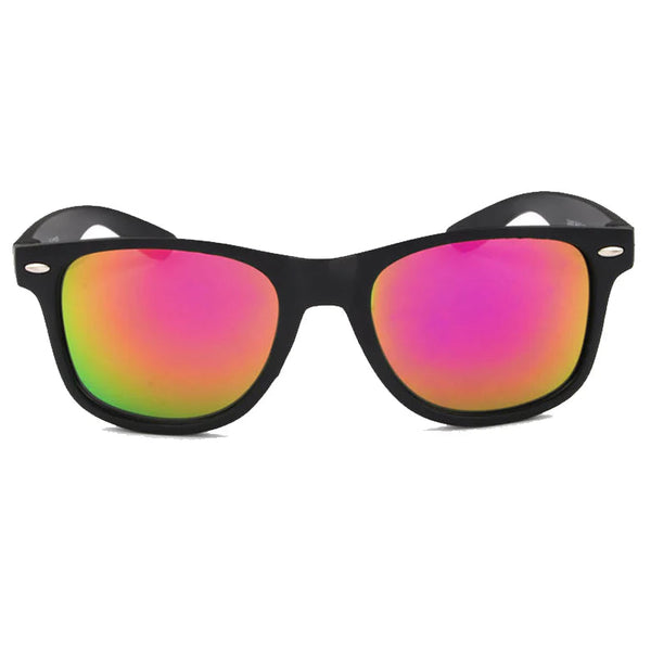 Black-framed sunglasses with colorful lenses on a white background
