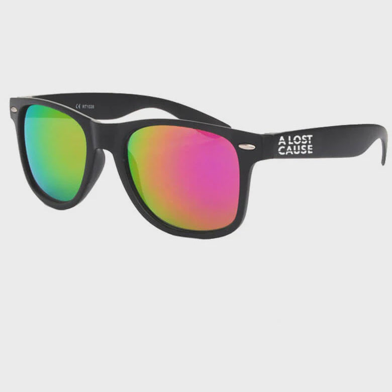Black sunglasses with colorful lenses on a white background