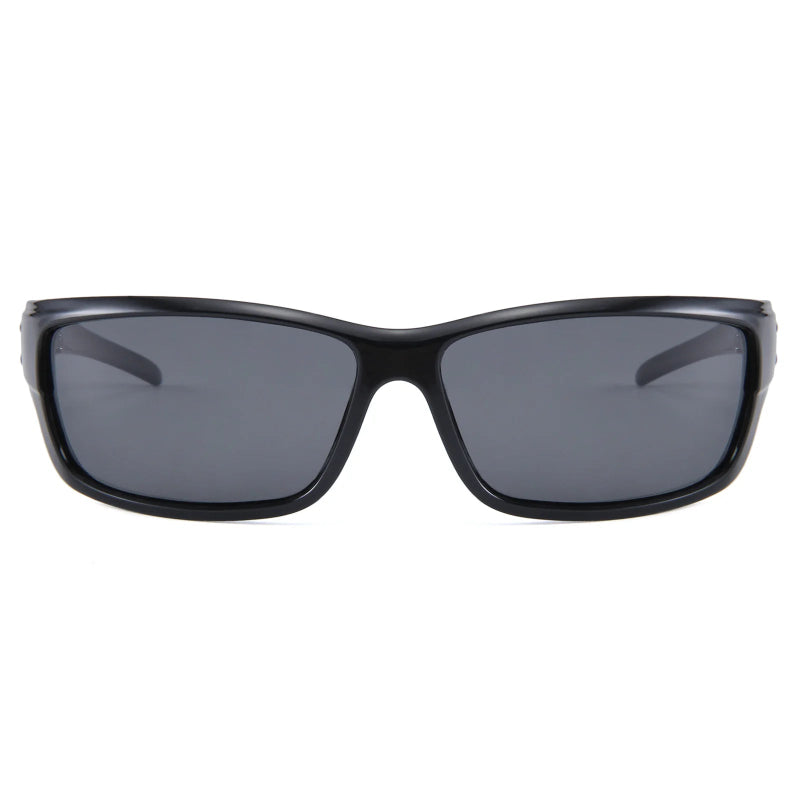 Black sunglasses with dark lenses on a white background