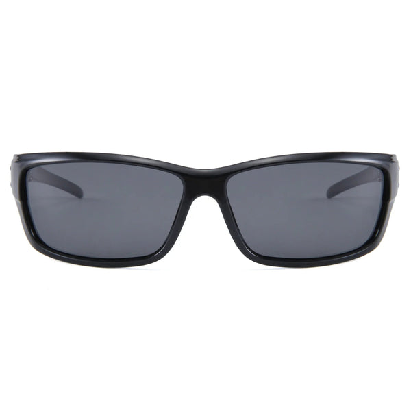 Black sunglasses with dark lenses on a white background