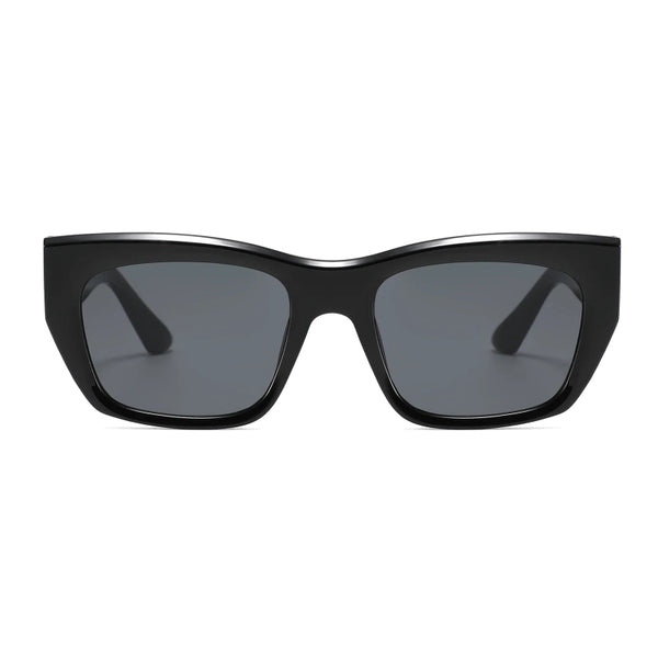 Black sunglasses with dark lenses on a white background