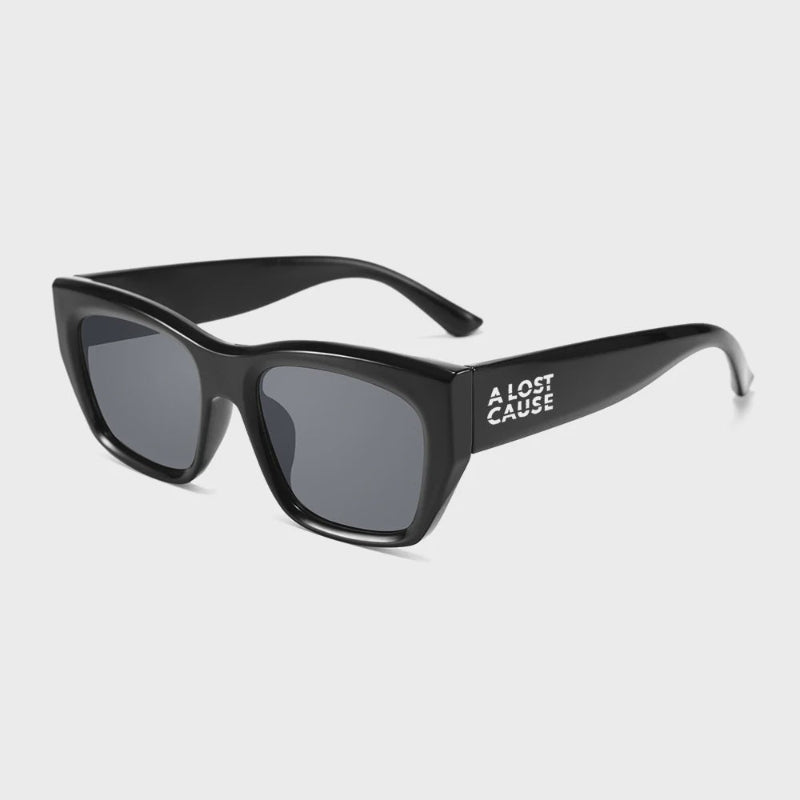 Black sunglasses with 'A Lost Cause' branding on a light gray background