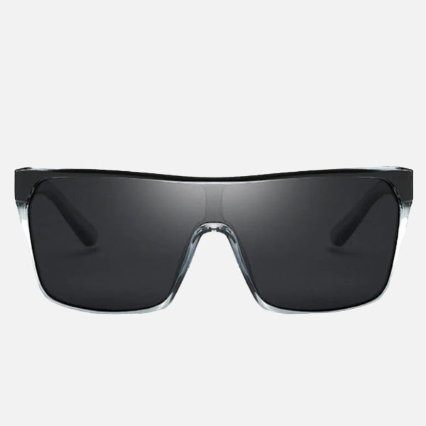 Black sunglasses with a wide frame on a white background