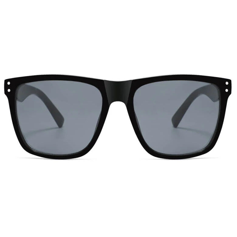 Black sunglasses with dark lenses on a white background