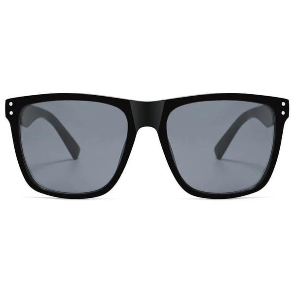 Black sunglasses with dark lenses on a white background