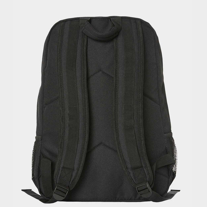 Black backpack shown from the back on a light gray background
