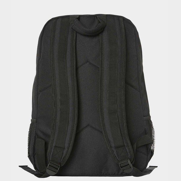 Black backpack shown from the back on a light gray background