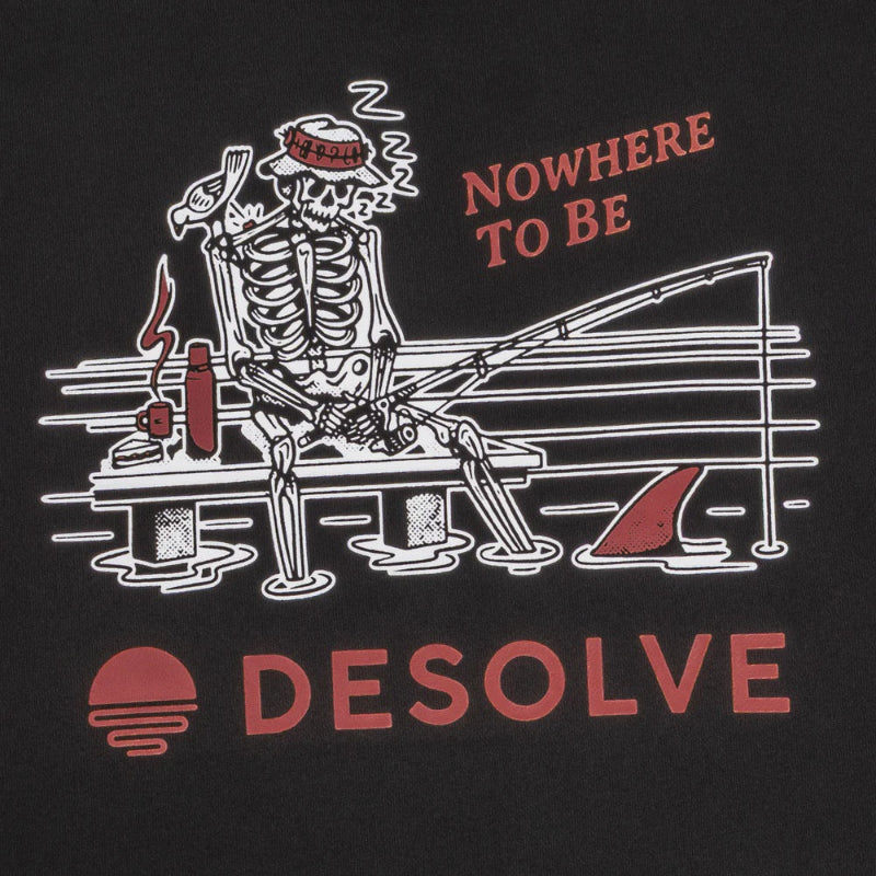 Skeletal figure smoking a cigarette on a bench with 'Nowhere to Be' and 'Desolve' text on a black background