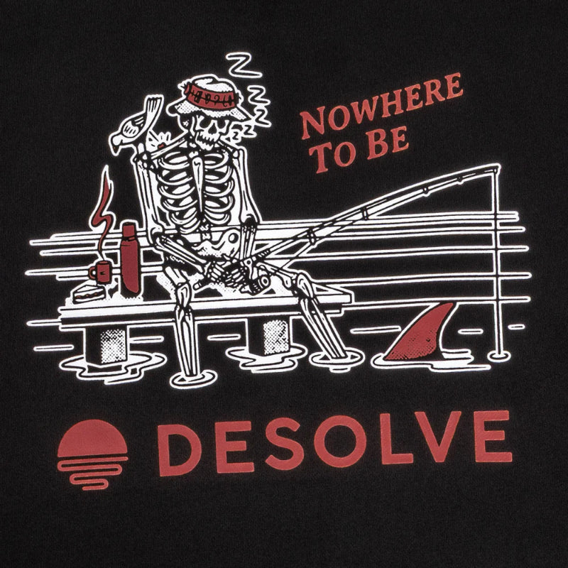Skeletor lounging on a diving board with 'Nowhere to Be' and 'Desolve' text on a black background