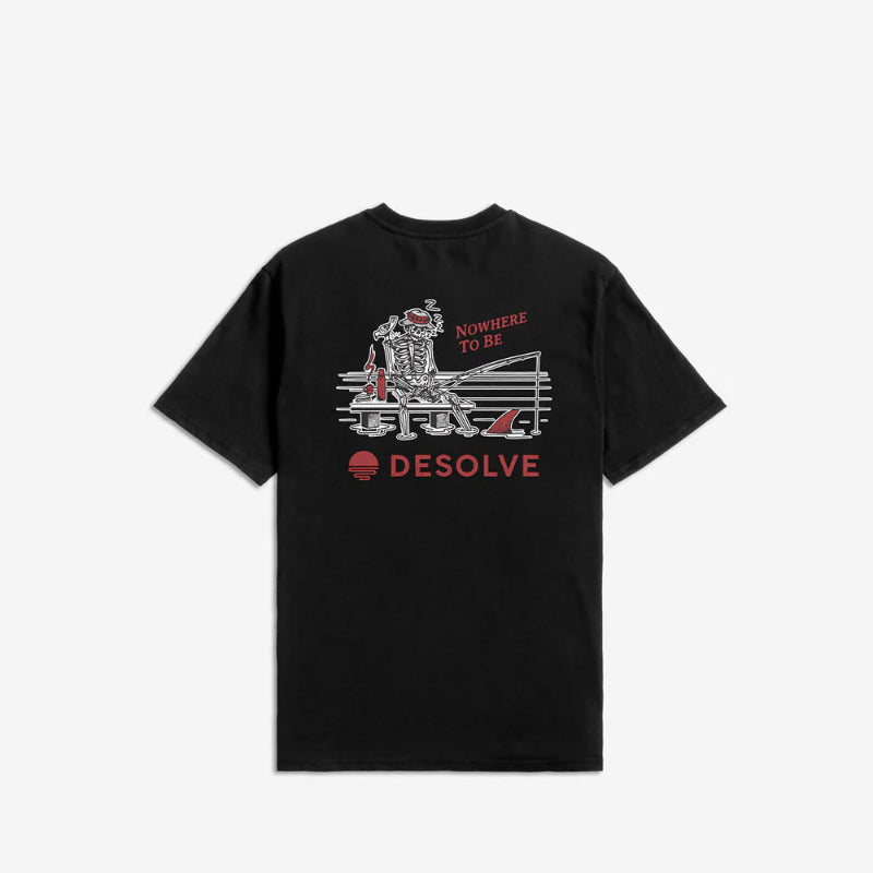 Black t-shirt with graphic design and text on a white background