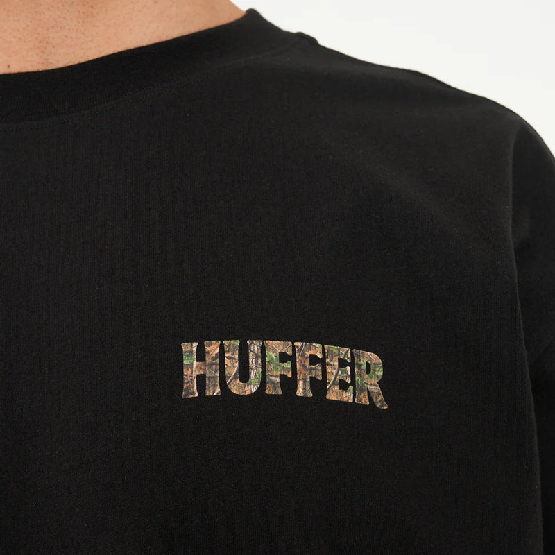 Black sweatshirt with 'Huffer' logo on a plain background