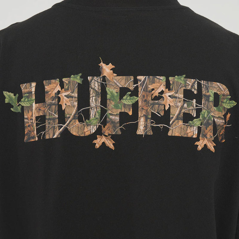 Black t-shirt with 'Huffer' logo in camouflage on a plain background