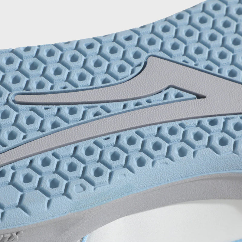 Close-up of a textured blue and gray sole with geometric pattern