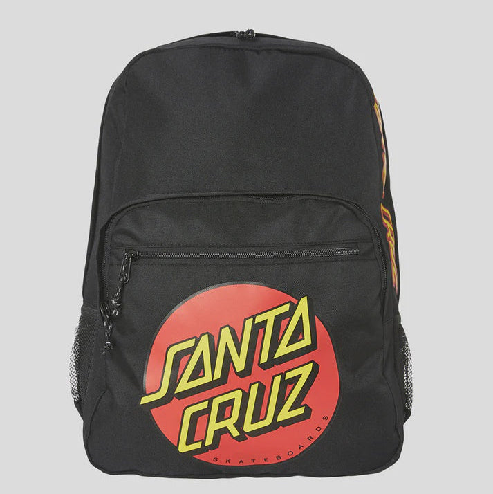 Black backpack with Santa Cruz logo on a gray background