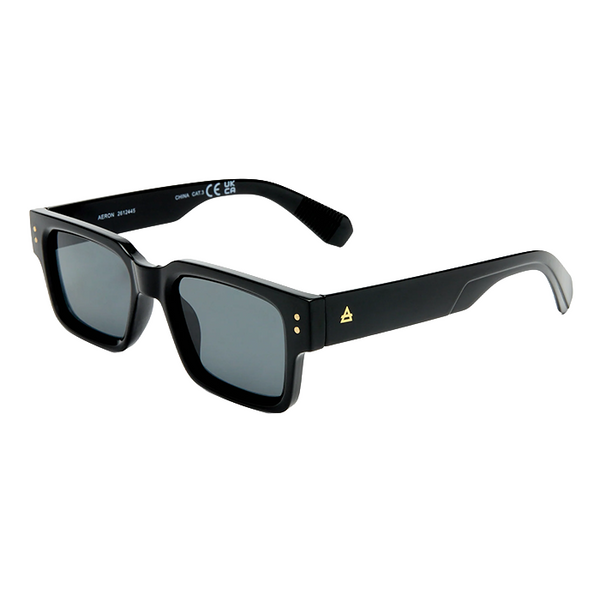 Black sunglasses with a logo on a white background