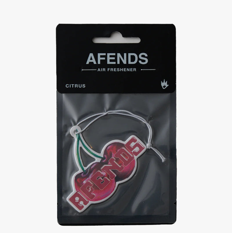 AFENDS air freshener packaging with red logo on a black background