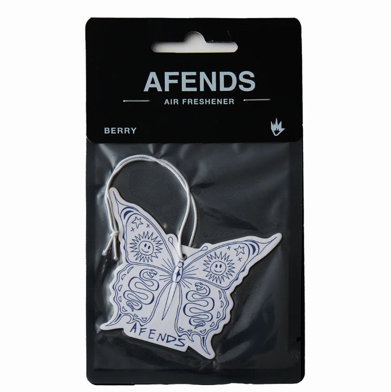 Butterfly-shaped air freshener with 'AFENDS' branding on a black background