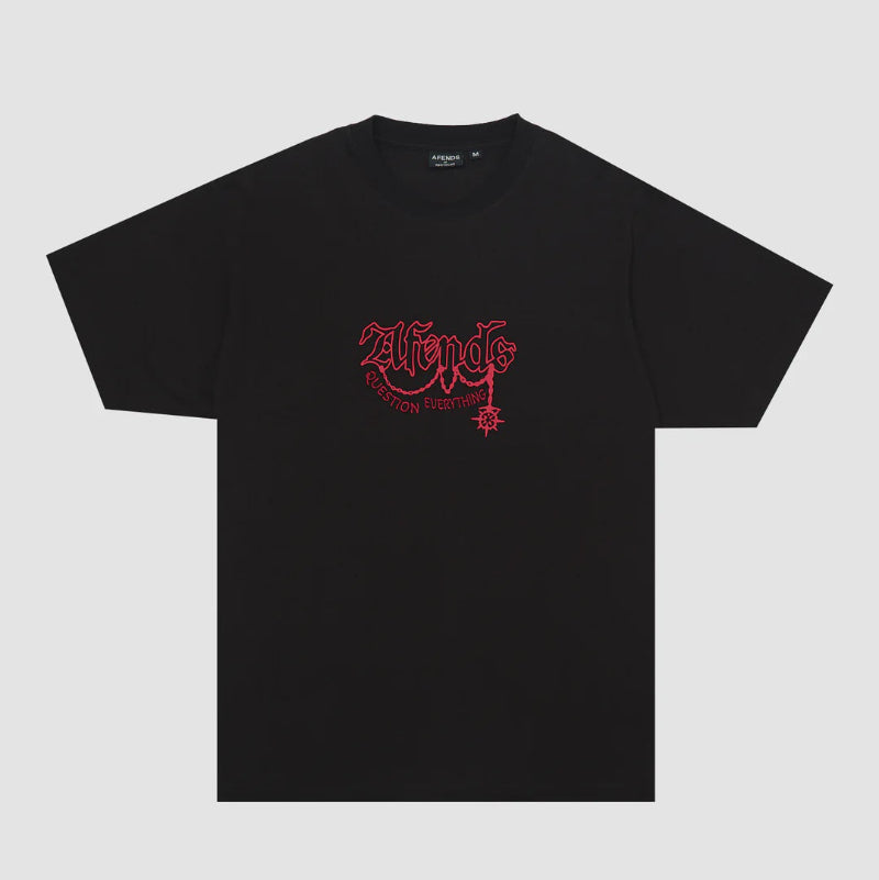 Black t-shirt with red logo on a light gray background