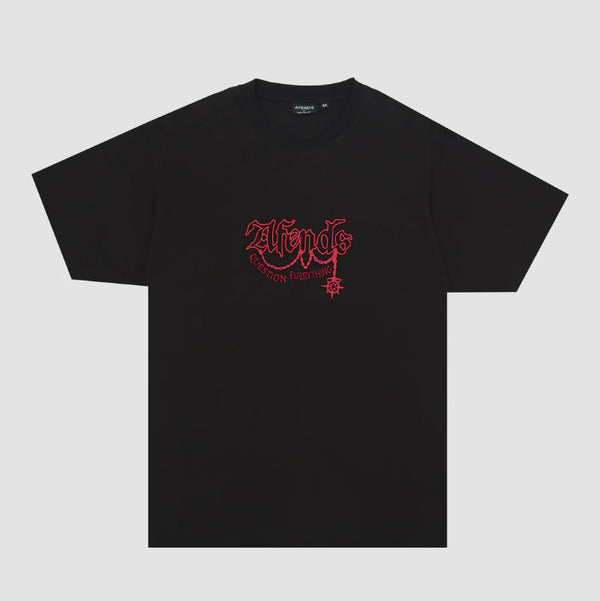 Black t-shirt with red logo on a light gray background