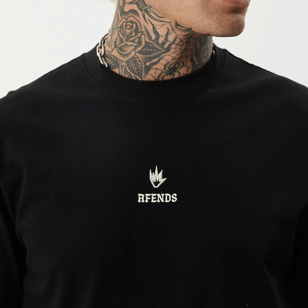 afends fire logo on black t-shirt