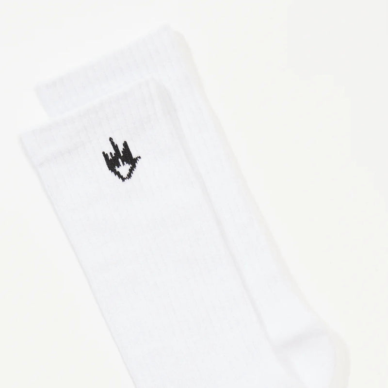White socks with black logo and text on a white background