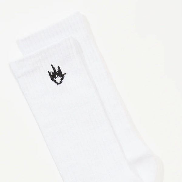 White socks with black logo and text on a white background