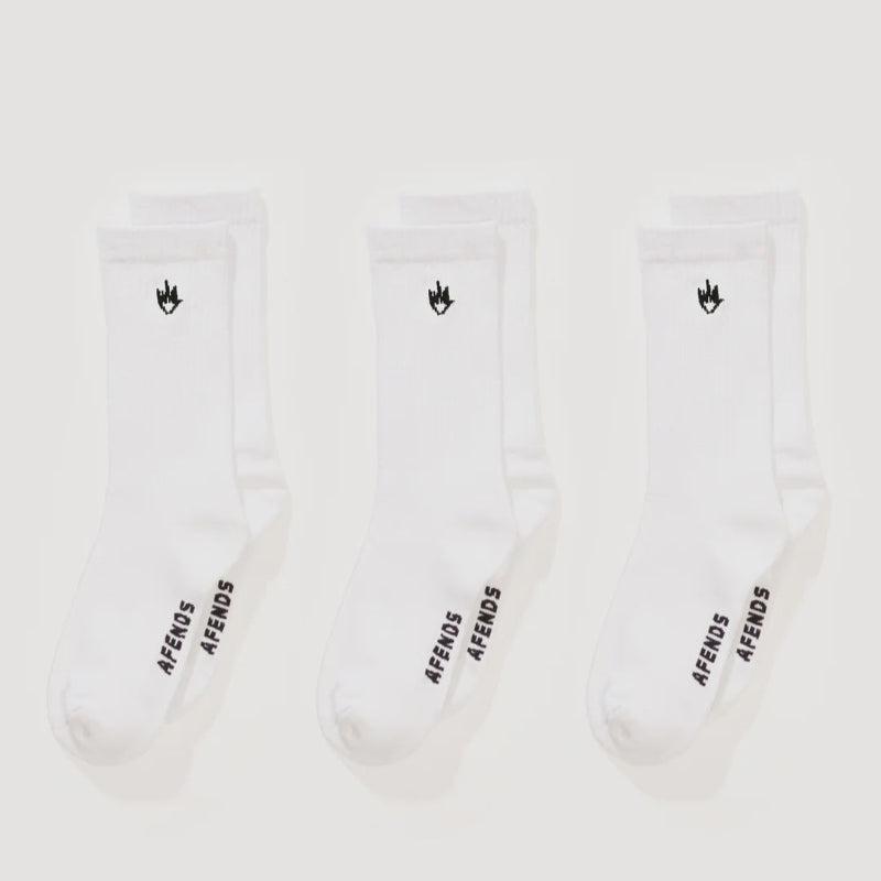 Three pairs of socks with 'AFENDS' branding on a white background