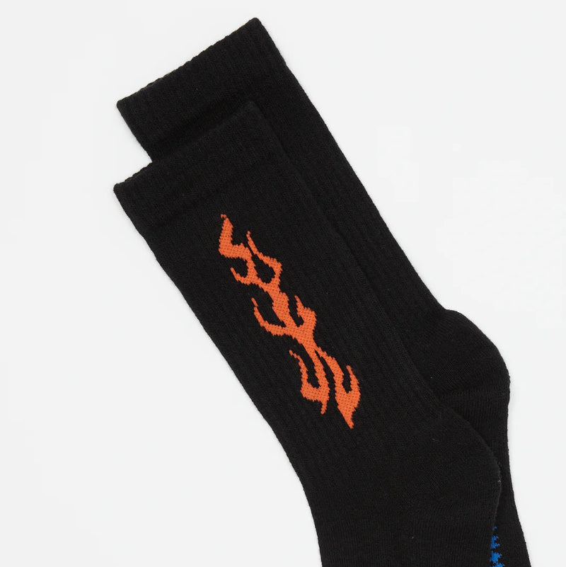 Black sock with orange flame design and blue text on a white background