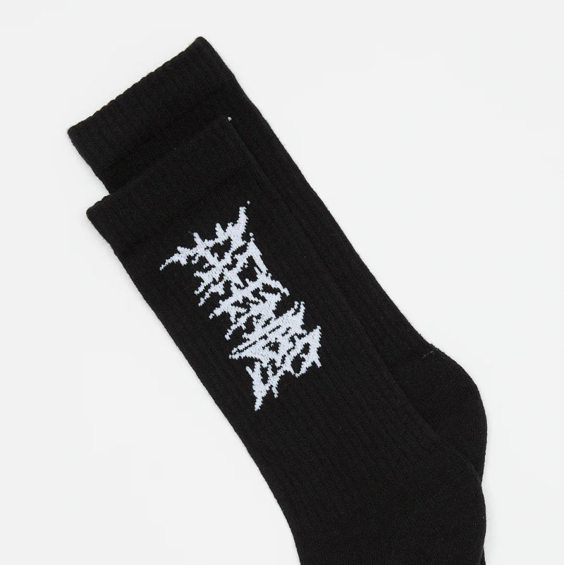 Black sock with white afends design on a white background