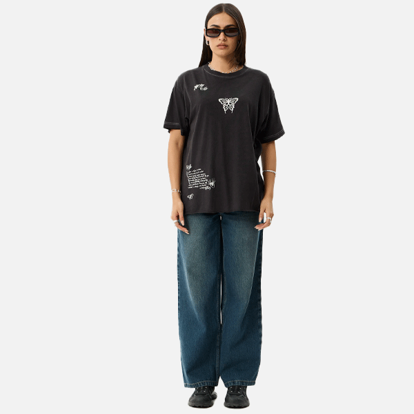afends black womens t-shirt with butterfly print on the center front