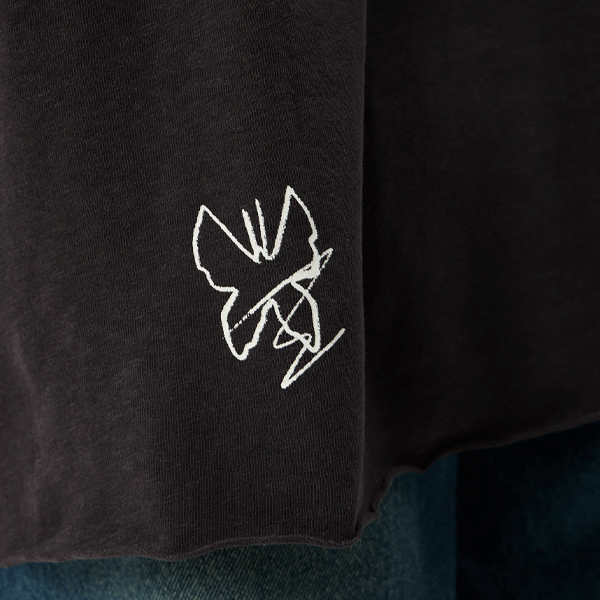 afends black t-shirt with small white butterfly print