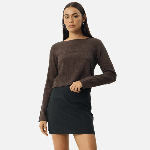 Afends Focus Seersucker LS Top - Coffee