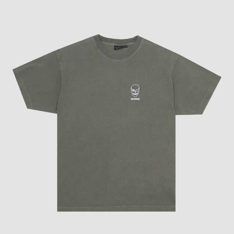 Green t-shirt with a small logo on a light gray background