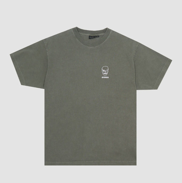 Green t-shirt with a small logo on a light gray background