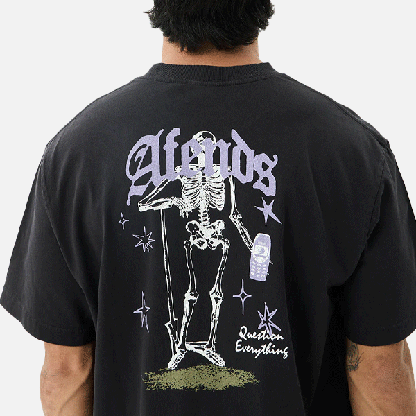 afends black t-shirt with large print on back of skeleton, white and purple with green