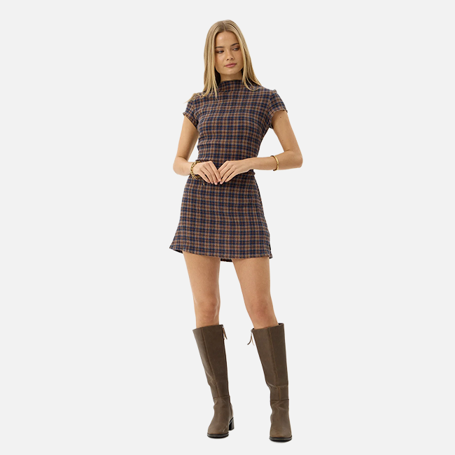 Afends Elodie Seersucker Mini Dress - Shev Indigo Check