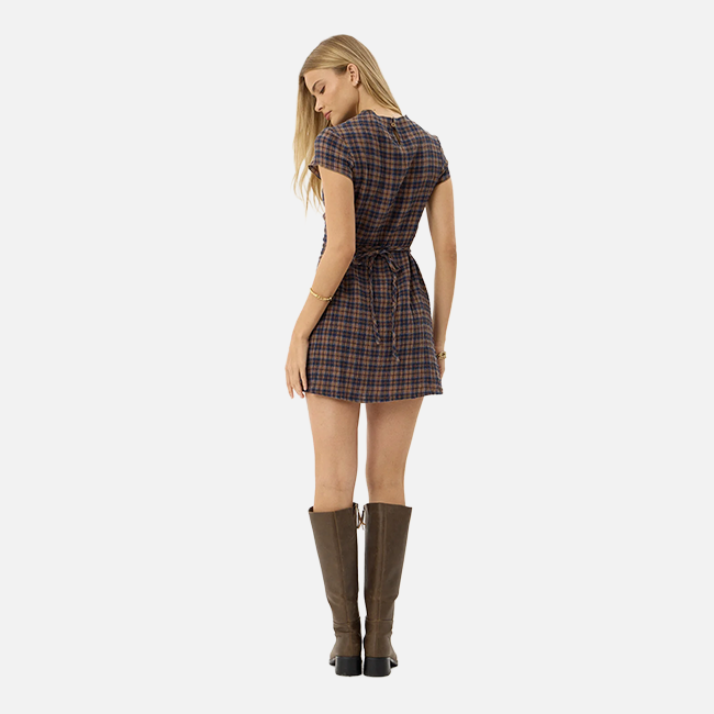 Afends Elodie Seersucker Mini Dress - Shev Indigo Check