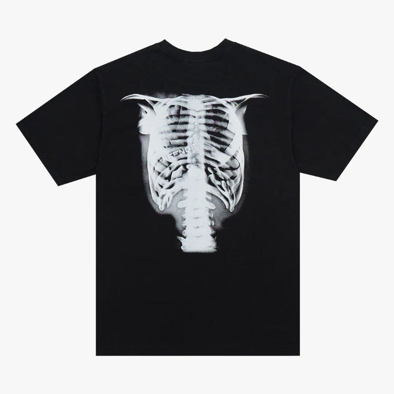 Black t-shirt with a white ribcage X-ray design on the back against a white background
