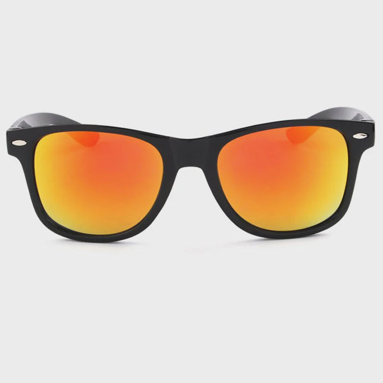 Sunglasses with black frames and orange-red reflective lenses on a white background