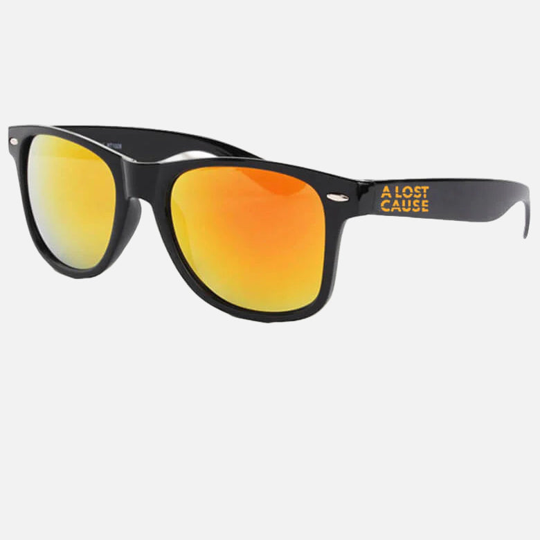 Sunglasses with black frame and orange lenses on a white background