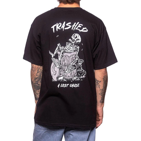 Black t-shirt with skeleton graphic and 'Trashed' text on the back, worn by a person.