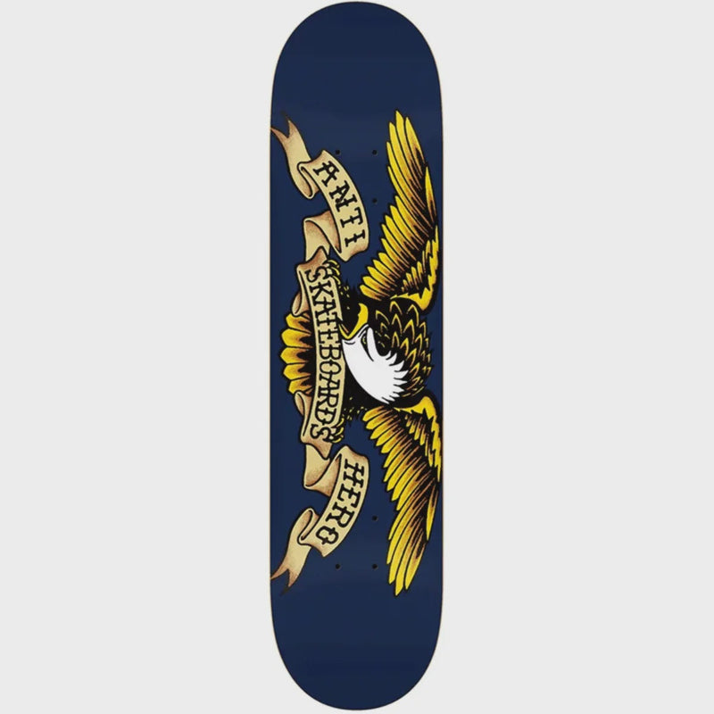 A skateboard deck featuring a dark navy blue background with a large graphic of an eagle and banners. The banners read 'ANTI HERO SKATEBOARDING