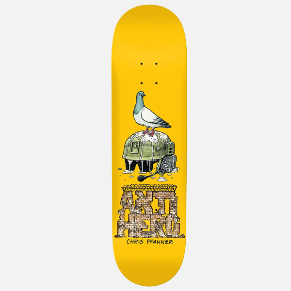 Skateboard deck with a graphic design of a pigeon and text on a yellow background
