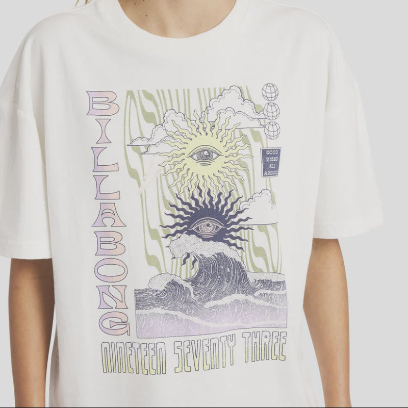 Person wearing a white t-shirt with a graphic design and text