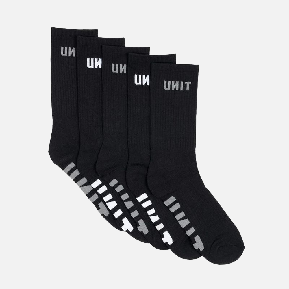Set of black socks with 'UNIT' branding on a light gray background
