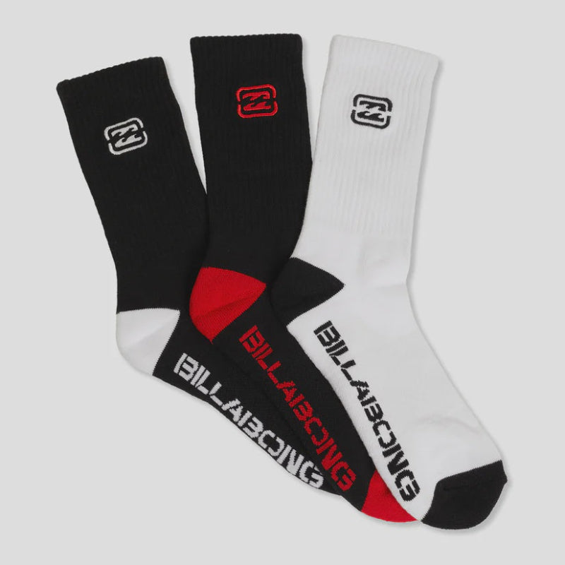Three socks with Billabong logo on a light gray background