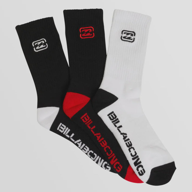 Three socks in black, red, and white with Billabong branding on a light gray background.